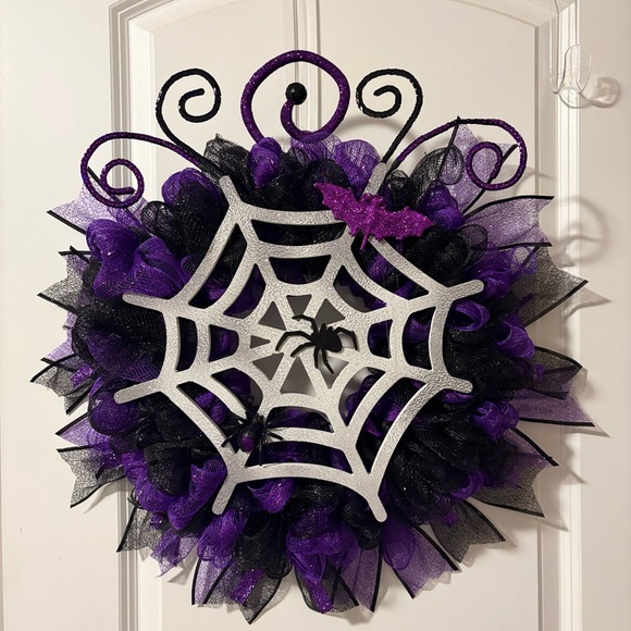 Purple and Black Halloween Wreath with Spider Web - Picture 1 of 10
